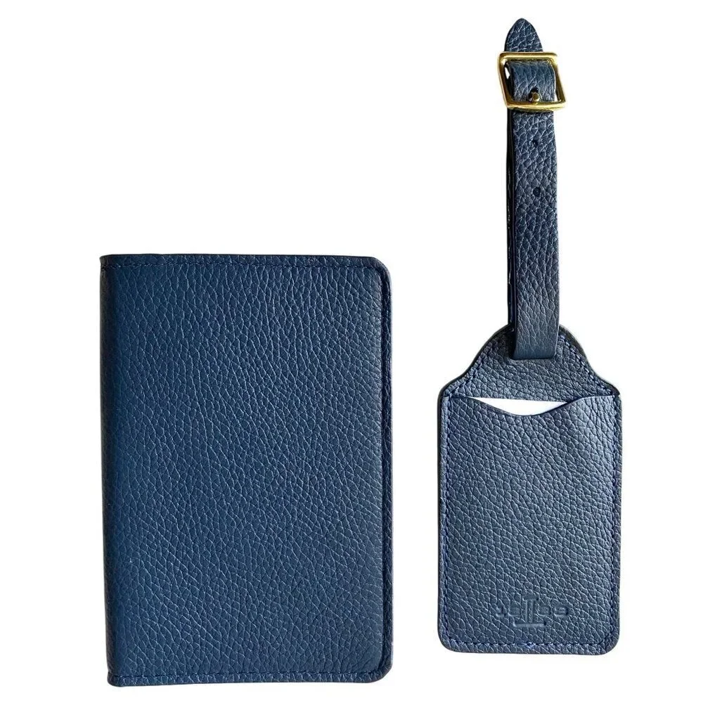 Lucchese Leather Passport Holder + Luggage Tag Set Navy‎ Blue